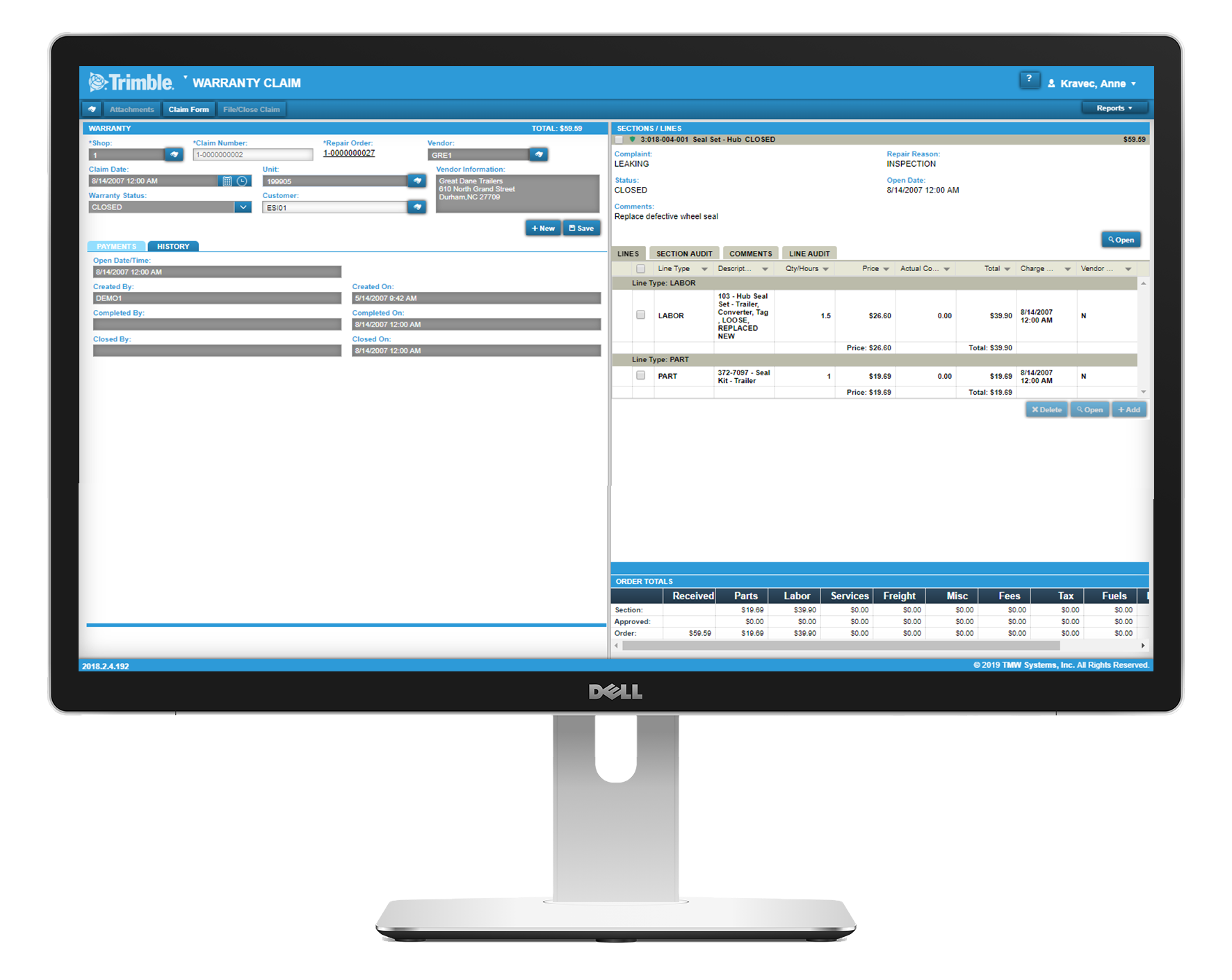 Desktop view of TMT Fleet Maintenance dashboard showing warranty info
